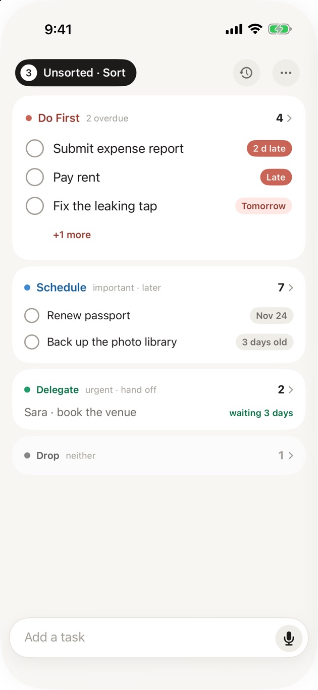 TaskFlick’s home screen: Do First, Schedule, Delegate and Drop, each with its tasks, and an Add a task field at the bottom.